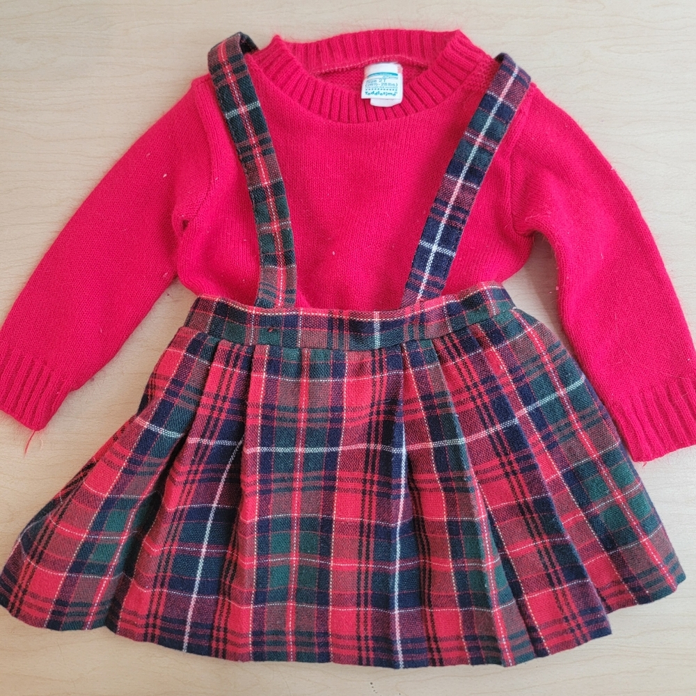 Toddletime Red Sweater with Plaid Suspender Skirt 2T